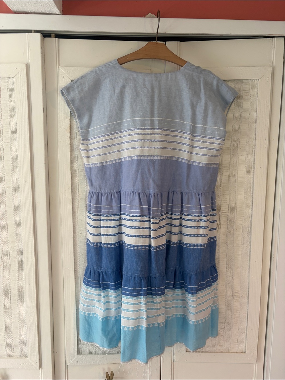 Lemlem Eshal Mini Dress Tiered Striped Blue White Raw Hem medium - small defect - Picture 10 of 11